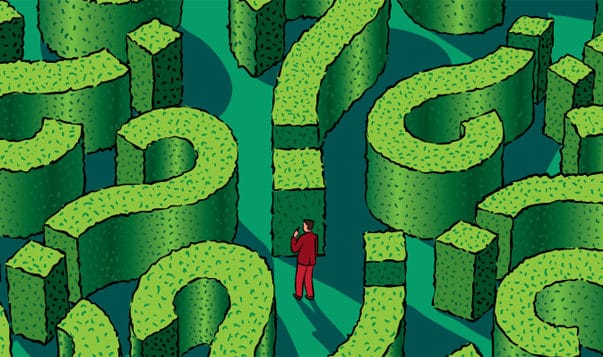 Finding Purpose on the Job Maze made up of the question mark-shaped hedges, a little man in the middle