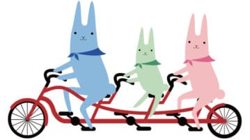 A Kindness Practice for Families illustration: family of colorful bunnies on tandem bike